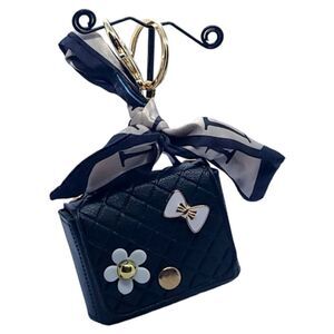 Mini Faux Leather Argyle Purse Black Key Chain Bag Silk Scarf Keyring Keychain